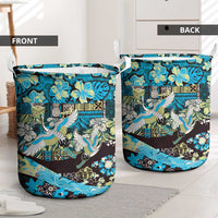 Japanese Hawaiian Crane Laundry Basket Blue Tapa Patchwork Pattern LT9 - Polynesian Pride