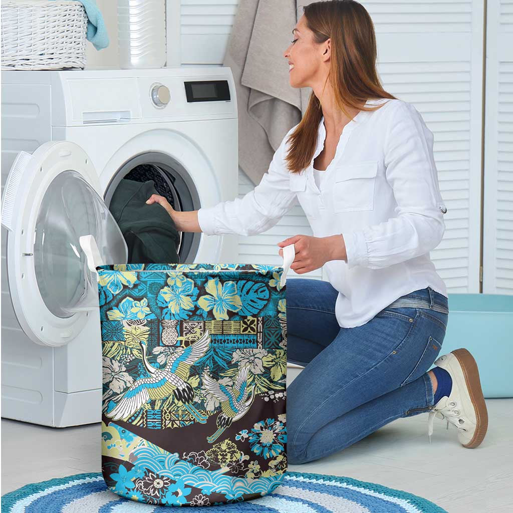 Japanese Hawaiian Crane Laundry Basket Blue Tapa Patchwork Pattern LT9 - Polynesian Pride