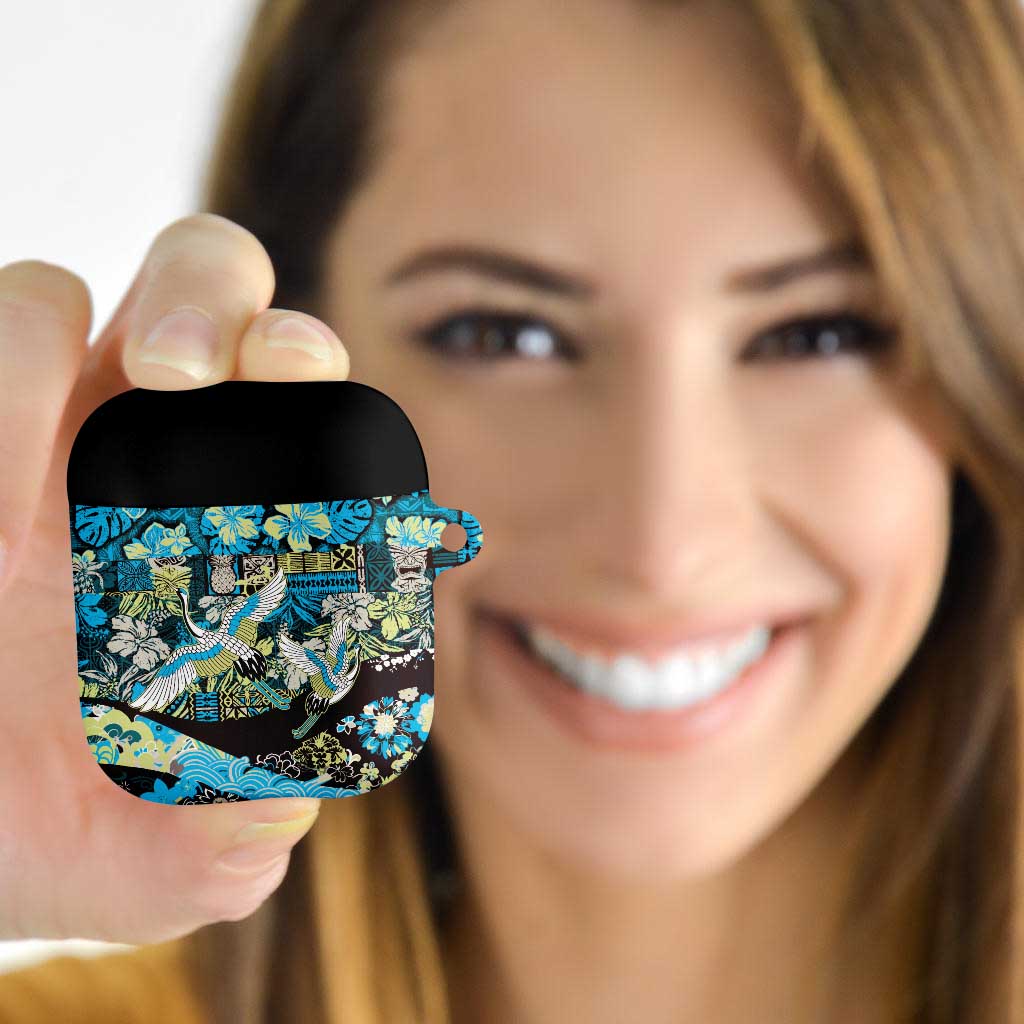 Japanese Hawaiian Crane AirPods Case Blue Tapa Patchwork Pattern LT9 - Polynesian Pride