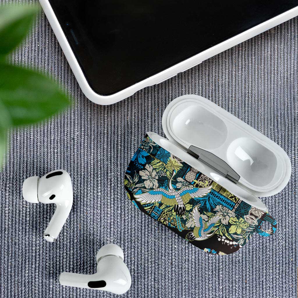 Japanese Hawaiian Crane AirPods Case Blue Tapa Patchwork Pattern LT9 - Polynesian Pride