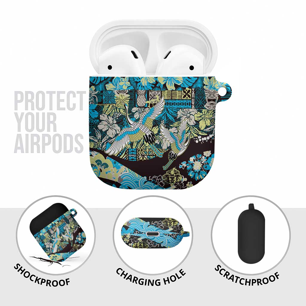Japanese Hawaiian Crane AirPods Case Blue Tapa Patchwork Pattern LT9 - Polynesian Pride
