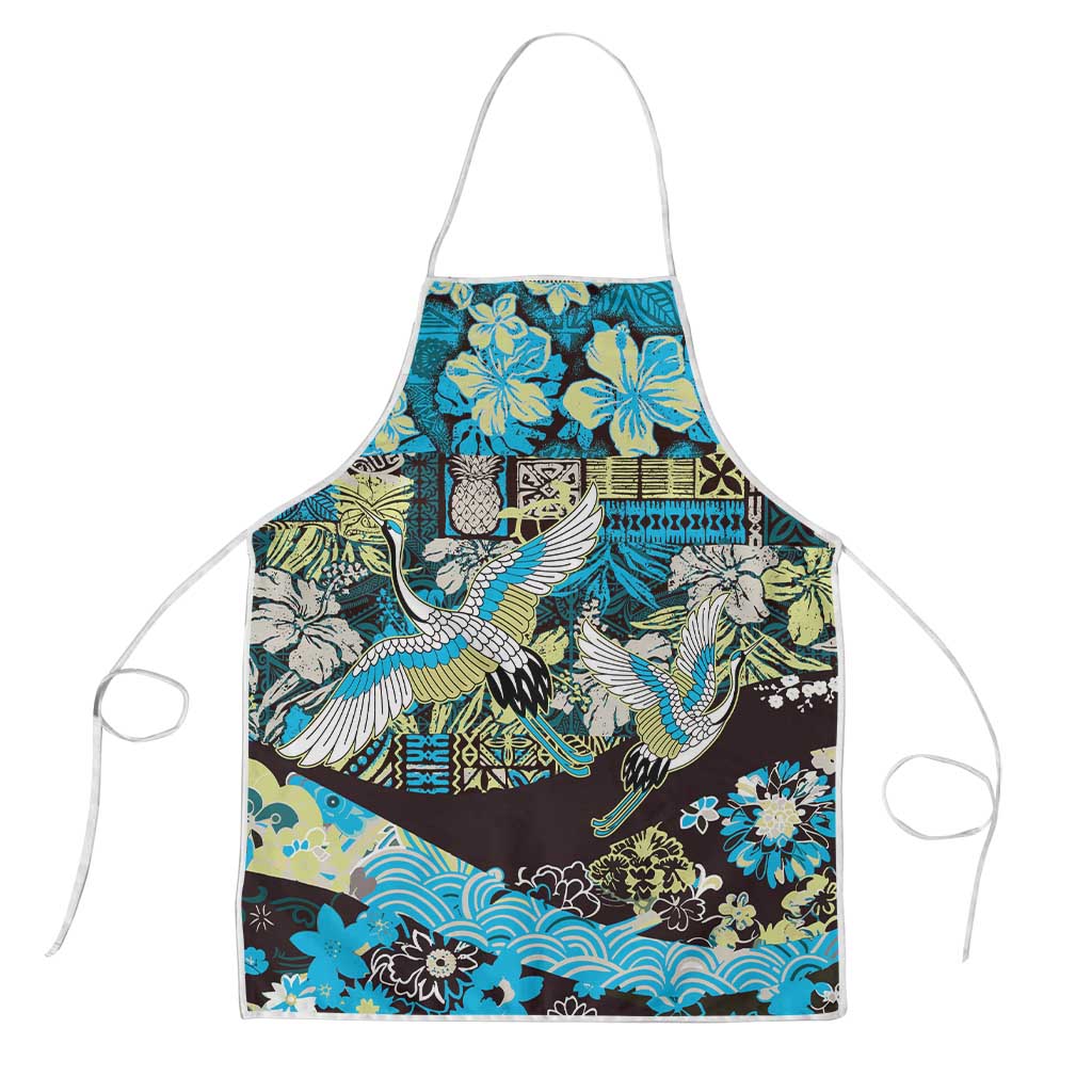 Japanese Hawaiian Crane Apron Blue Tapa Patchwork Pattern LT9 Blue - Polynesian Pride