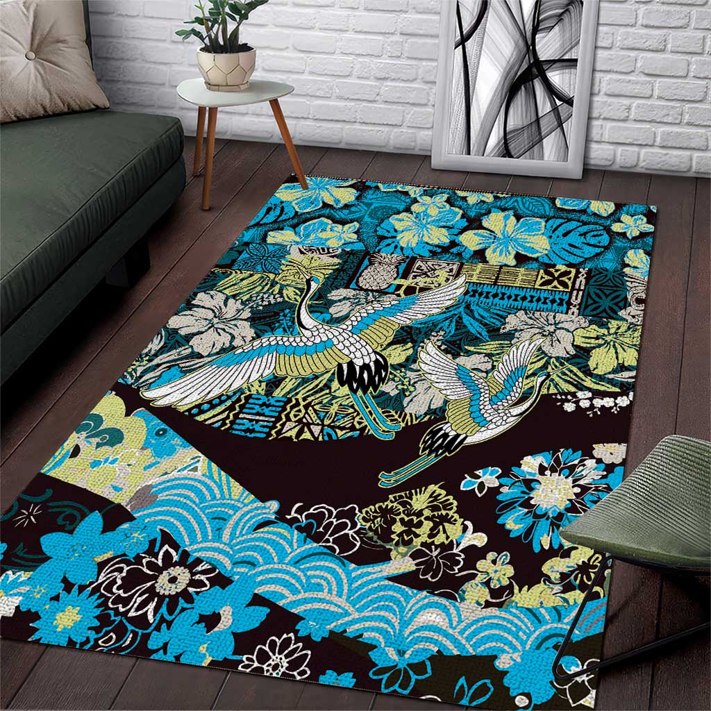 Japanese Hawaiian Crane Area Rug Blue Tapa Patchwork Pattern