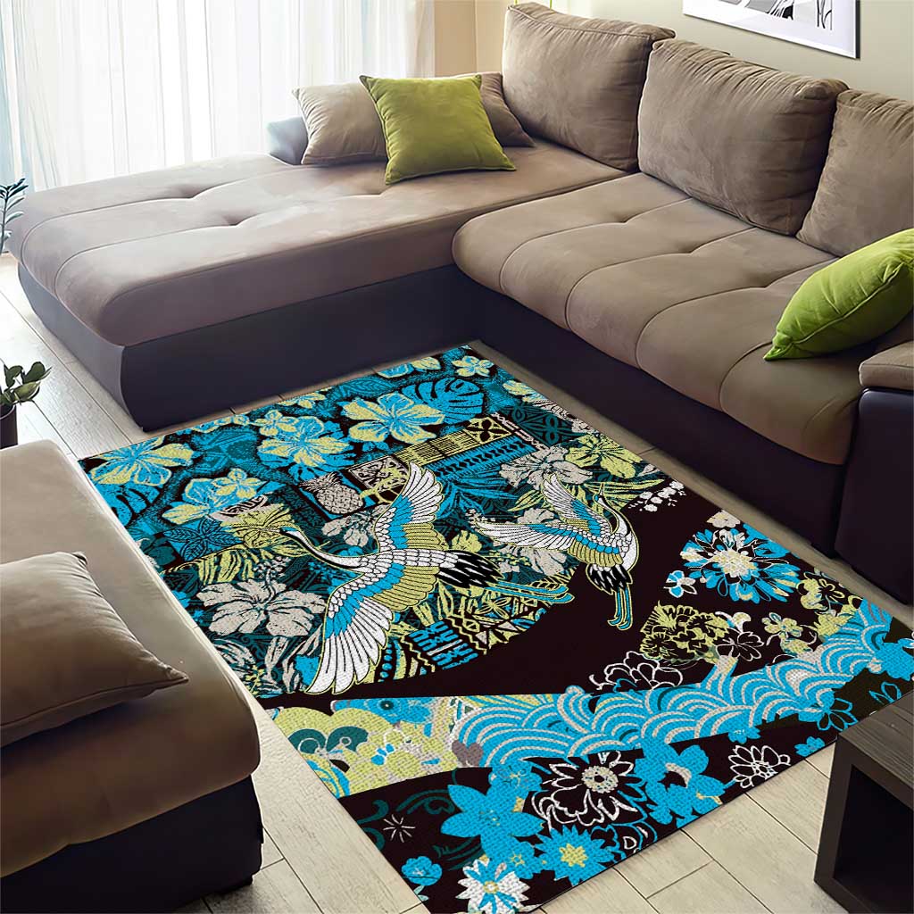 Japanese Hawaiian Crane Area Rug Blue Tapa Patchwork Pattern