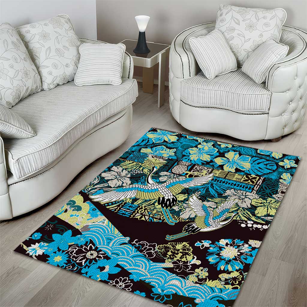Japanese Hawaiian Crane Area Rug Blue Tapa Patchwork Pattern