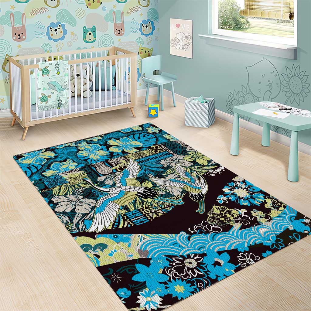 Japanese Hawaiian Crane Area Rug Blue Tapa Patchwork Pattern