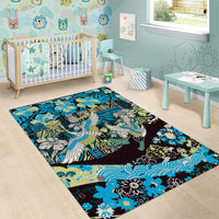 Japanese Hawaiian Crane Area Rug Blue Tapa Patchwork Pattern