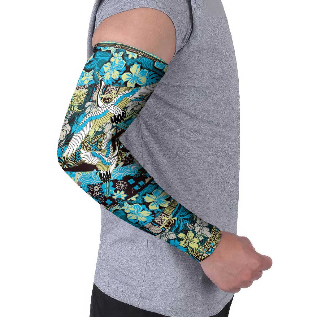 Japanese Hawaiian Crane Arm Sleeves Blue Tapa Patchwork Pattern LT9 - Polynesian Pride