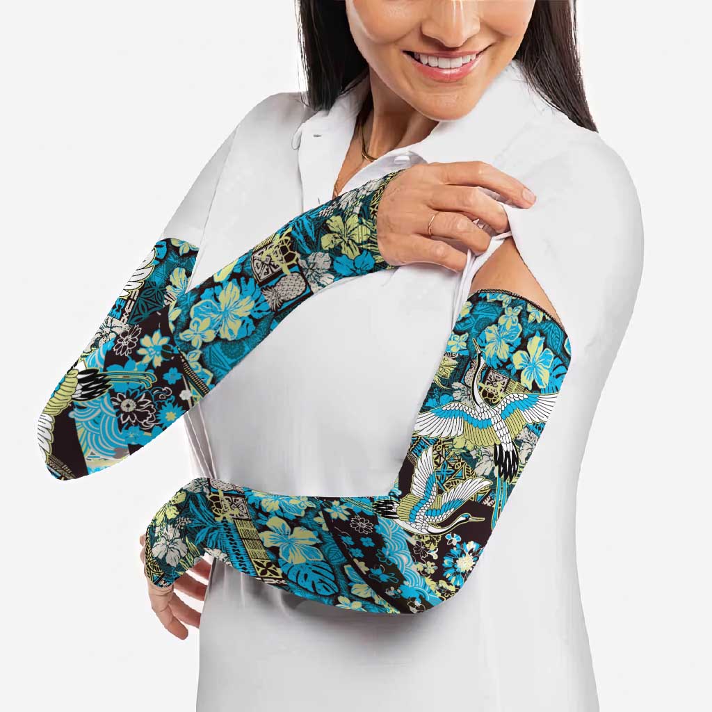 Japanese Hawaiian Crane Arm Sleeves Blue Tapa Patchwork Pattern LT9 - Polynesian Pride
