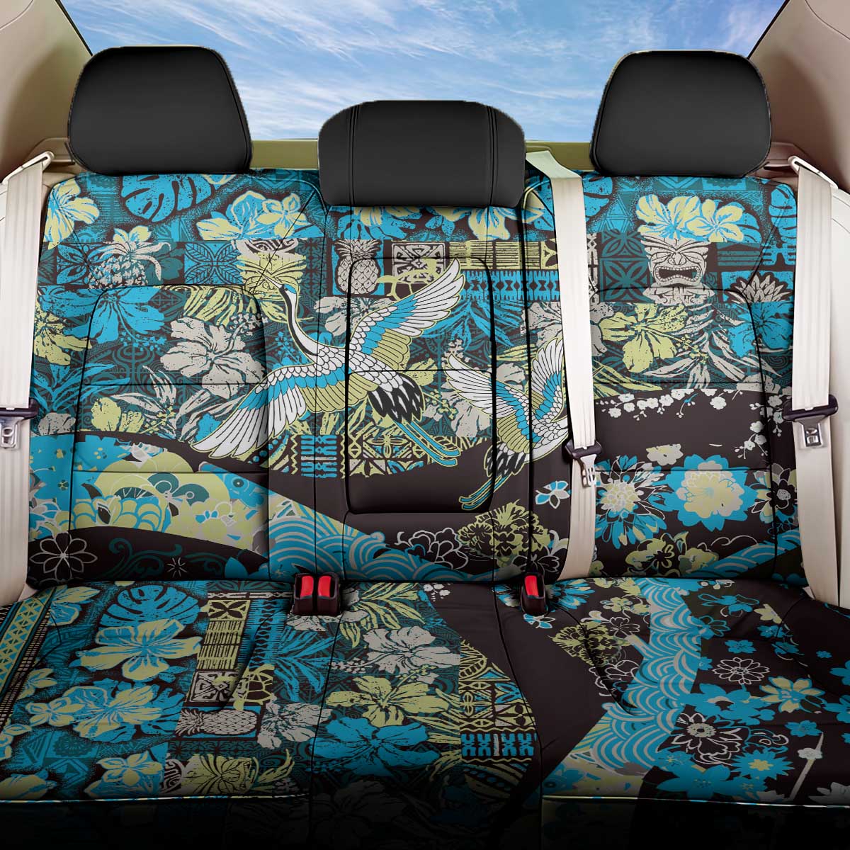 Japanese Hawaiian Crane Back Car Seat Cover Blue Tapa Patchwork Pattern LT9 One Size Blue - Polynesian Pride