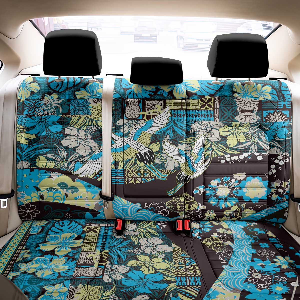 Japanese Hawaiian Crane Back Car Seat Cover Blue Tapa Patchwork Pattern LT9 - Polynesian Pride