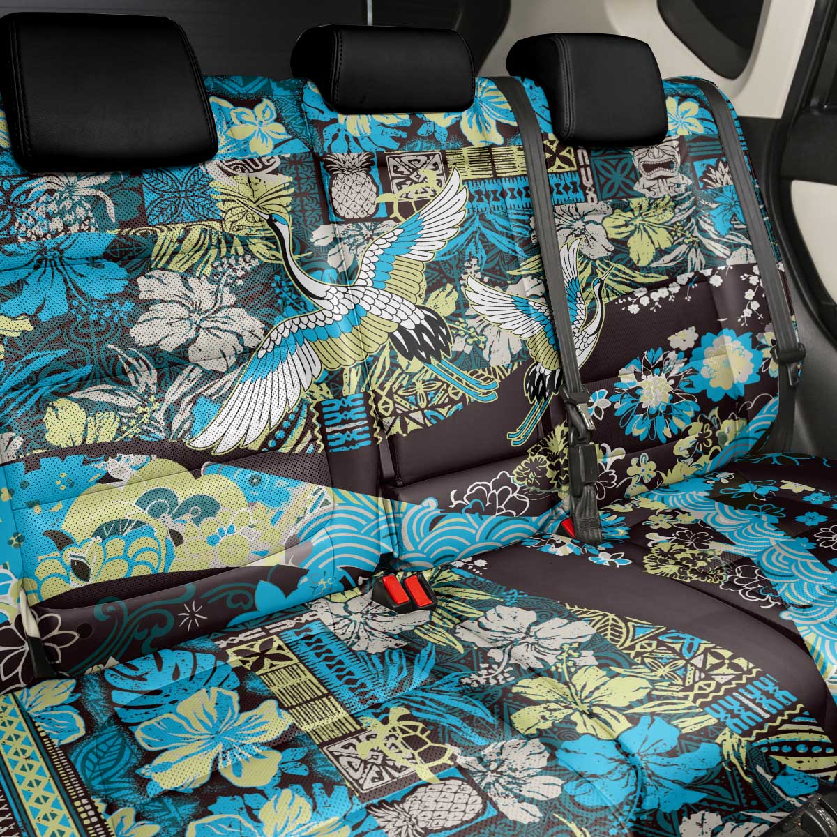 Japanese Hawaiian Crane Back Car Seat Cover Blue Tapa Patchwork Pattern LT9 - Polynesian Pride