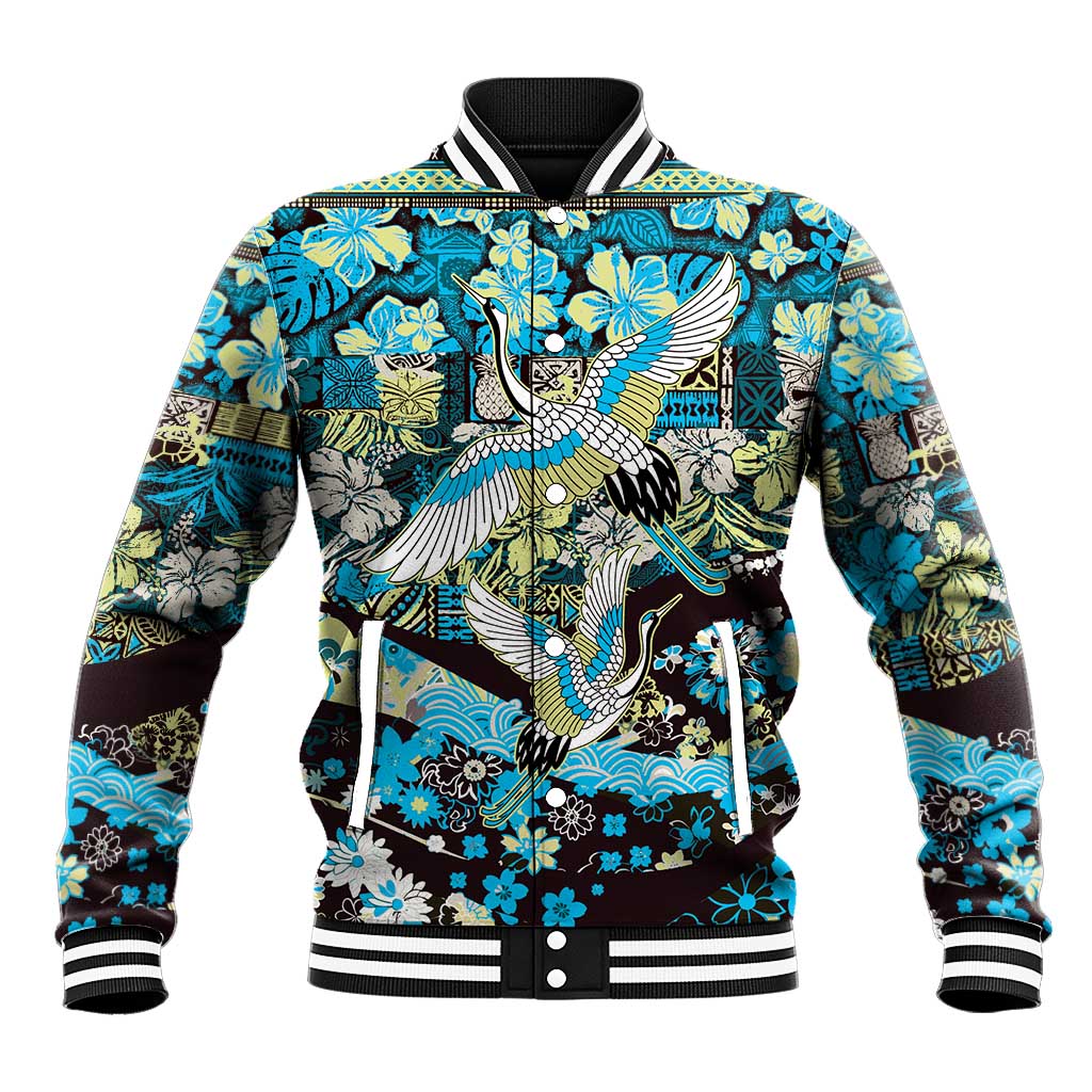 Japanese Hawaiian Crane Baseball Jacket Blue Tapa Patchwork Pattern LT9 Unisex Blue - Polynesian Pride