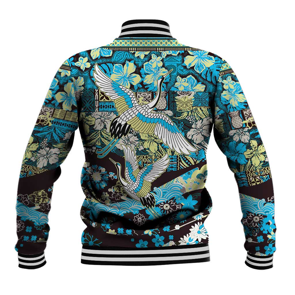 Japanese Hawaiian Crane Baseball Jacket Blue Tapa Patchwork Pattern LT9 - Polynesian Pride