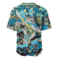 Japanese Hawaiian Crane Baseball Jersey Blue Tapa Patchwork Pattern LT9 - Polynesian Pride