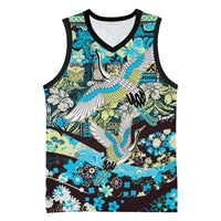 Japanese Hawaiian Crane Basketball Jersey Blue Tapa Patchwork Pattern LT9 Unisex Blue - Polynesian Pride