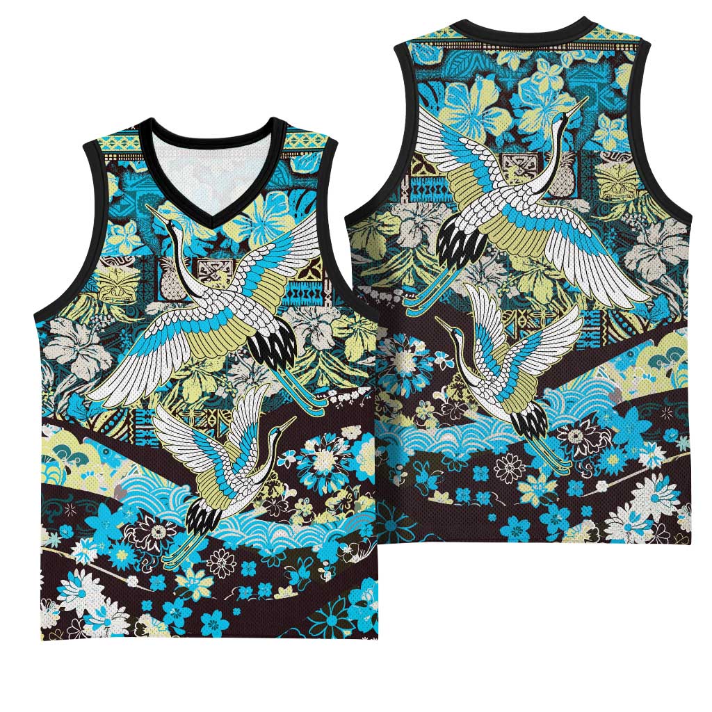 Japanese Hawaiian Crane Basketball Jersey Blue Tapa Patchwork Pattern LT9 - Polynesian Pride