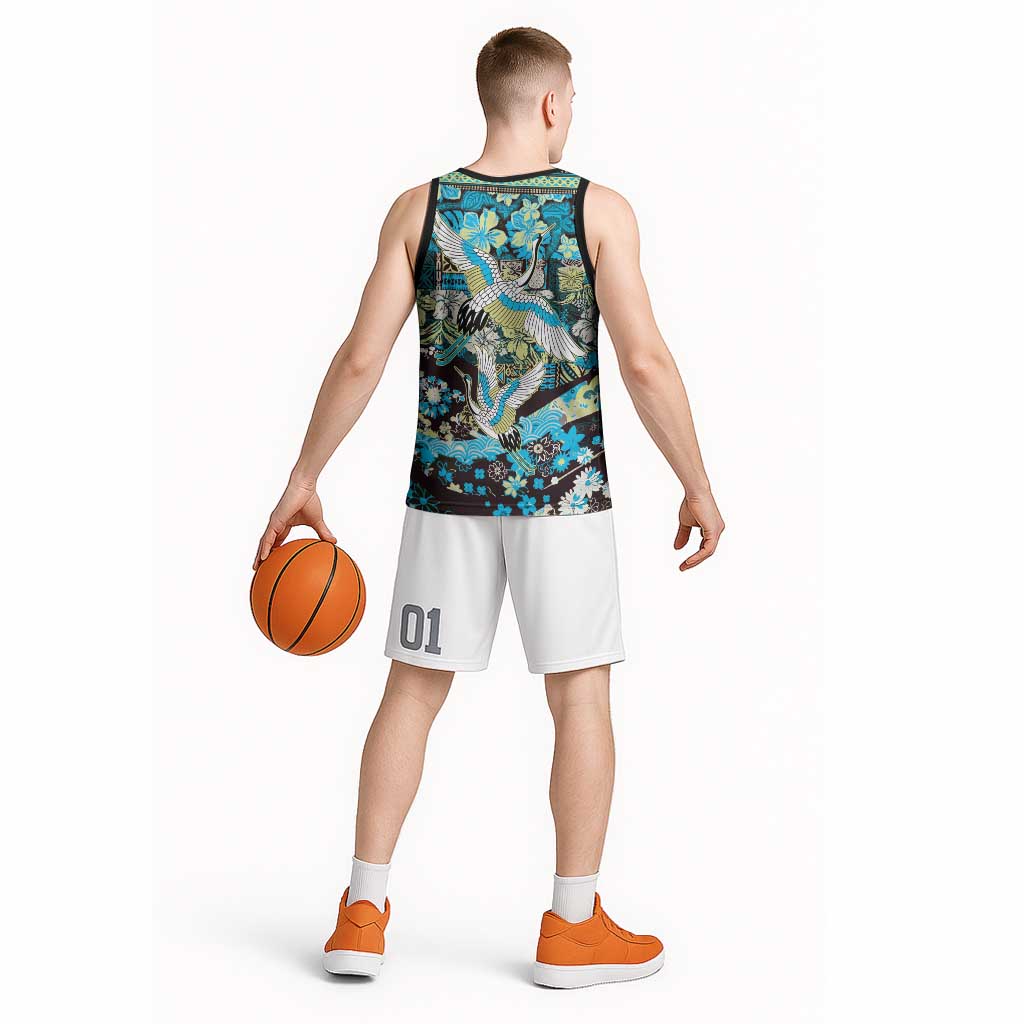 Japanese Hawaiian Crane Basketball Jersey Blue Tapa Patchwork Pattern LT9 - Polynesian Pride