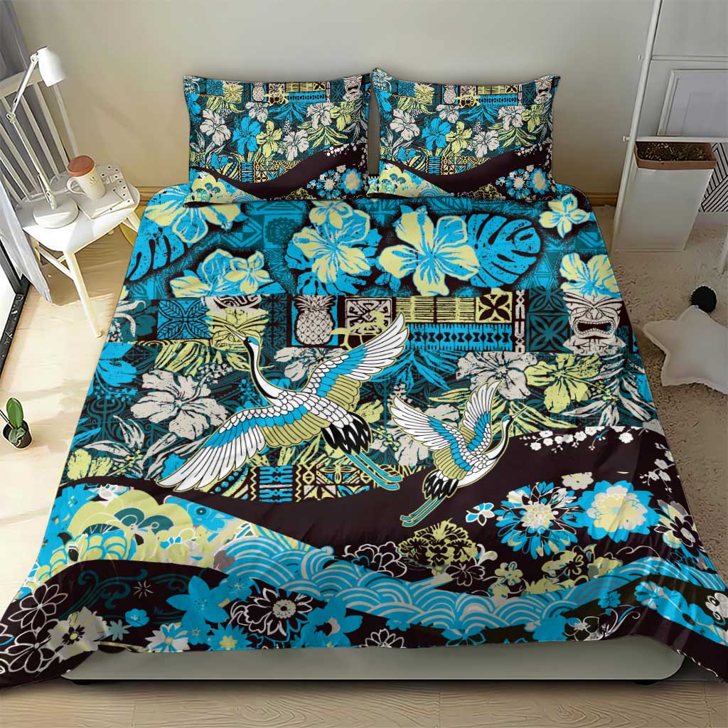Japanese Hawaiian Crane Bedding Set Blue Tapa Patchwork Pattern LT9 - Polynesian Pride