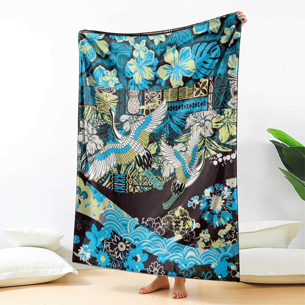 Japanese Hawaiian Crane Blanket Blue Tapa Patchwork Pattern LT9 - Polynesian Pride