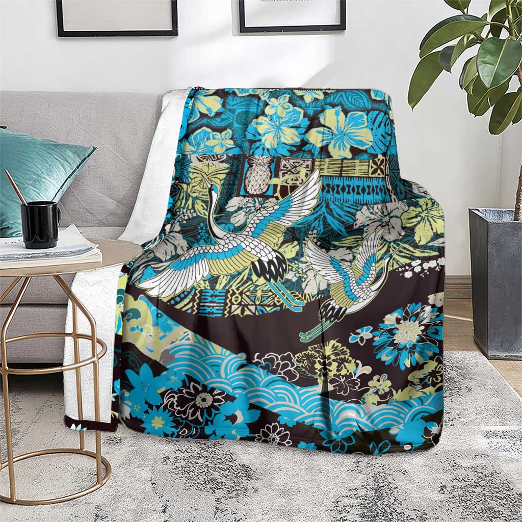 Japanese Hawaiian Crane Blanket Blue Tapa Patchwork Pattern LT9 - Polynesian Pride
