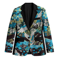 Japanese Hawaiian Crane Blazer Blue Tapa Patchwork Pattern LT9 Unisex Blue - Polynesian Pride