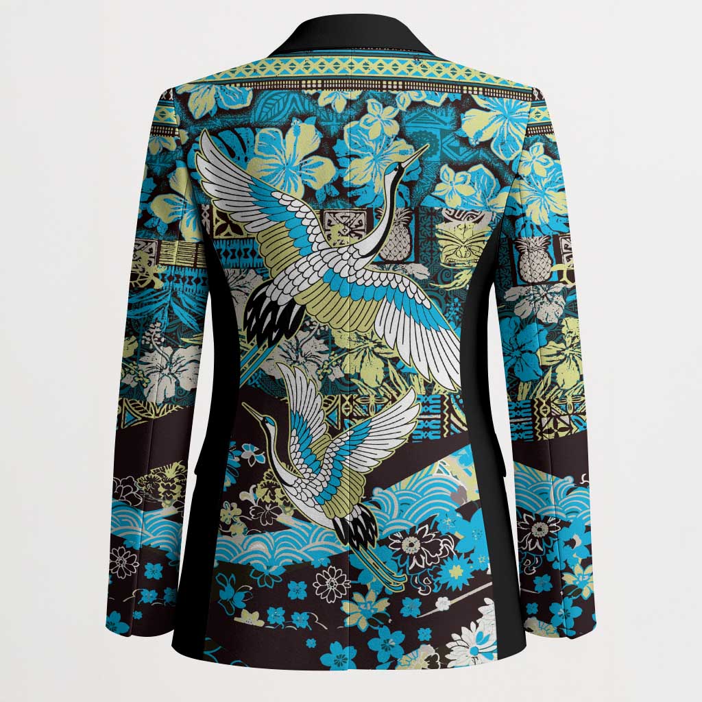 Japanese Hawaiian Crane Blazer Blue Tapa Patchwork Pattern LT9 - Polynesian Pride