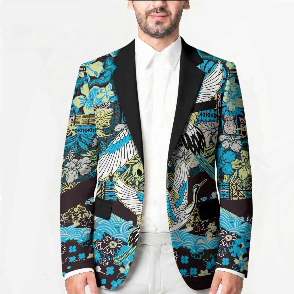 Japanese Hawaiian Crane Blazer Blue Tapa Patchwork Pattern LT9 - Polynesian Pride