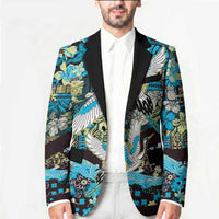 Japanese Hawaiian Crane Blazer Blue Tapa Patchwork Pattern LT9 - Polynesian Pride