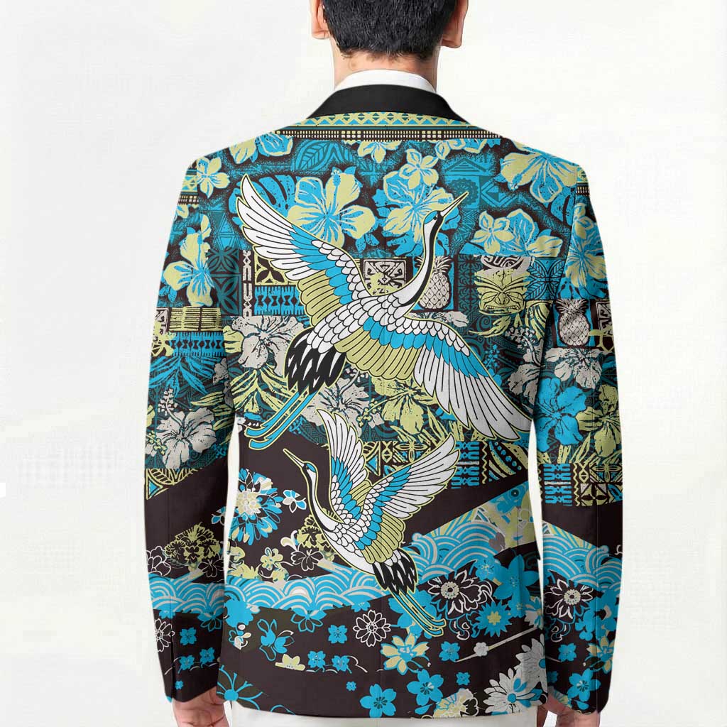 Japanese Hawaiian Crane Blazer Blue Tapa Patchwork Pattern LT9 - Polynesian Pride