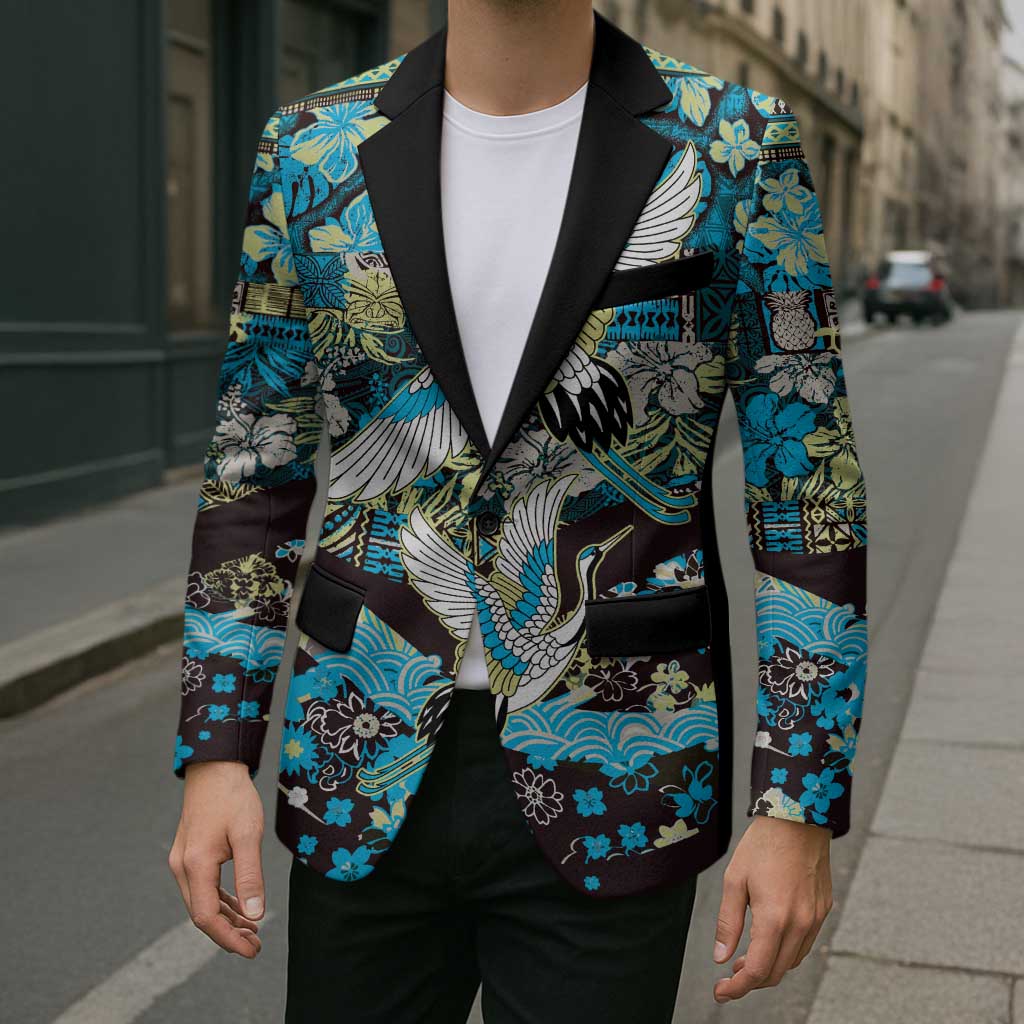 Japanese Hawaiian Crane Blazer Blue Tapa Patchwork Pattern LT9 - Polynesian Pride