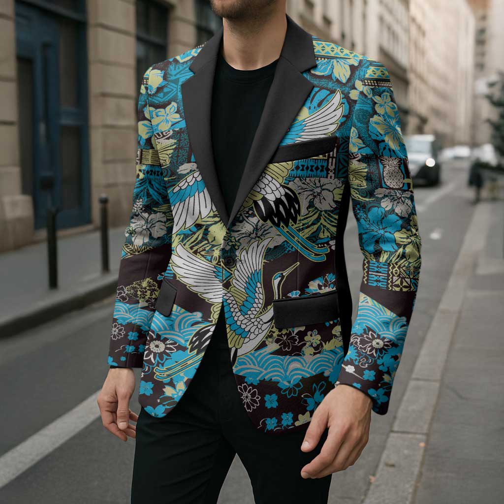 Japanese Hawaiian Crane Blazer Blue Tapa Patchwork Pattern LT9 - Polynesian Pride
