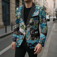 Japanese Hawaiian Crane Blazer Blue Tapa Patchwork Pattern LT9 - Polynesian Pride