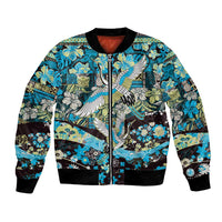Japanese Hawaiian Crane Bomber Jacket Blue Tapa Patchwork Pattern LT9 Unisex Blue - Polynesian Pride