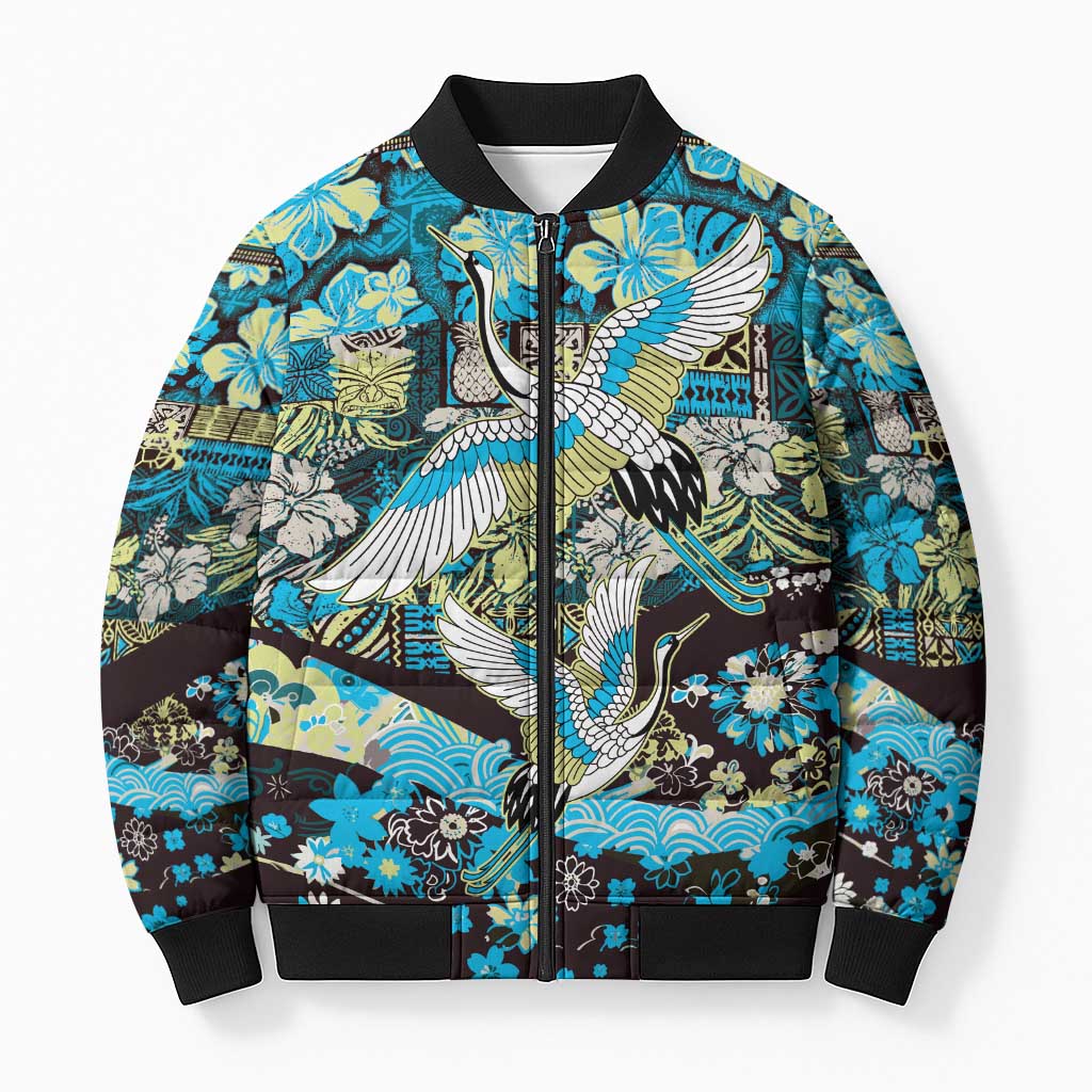 Japanese Hawaiian Crane Bomber Puffer Jacket Blue Tapa Patchwork Pattern LT9 Unisex Blue - Polynesian Pride