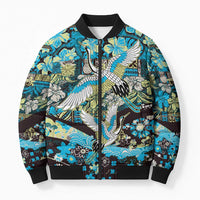 Japanese Hawaiian Crane Bomber Puffer Jacket Blue Tapa Patchwork Pattern LT9 Unisex Blue - Polynesian Pride
