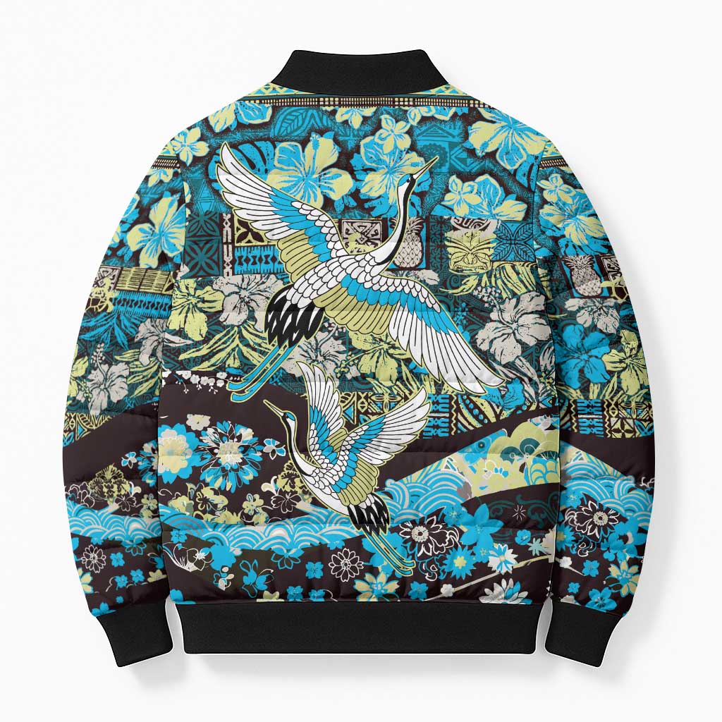 Japanese Hawaiian Crane Bomber Puffer Jacket Blue Tapa Patchwork Pattern LT9 - Polynesian Pride