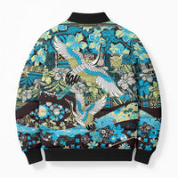 Japanese Hawaiian Crane Bomber Puffer Jacket Blue Tapa Patchwork Pattern LT9 - Polynesian Pride
