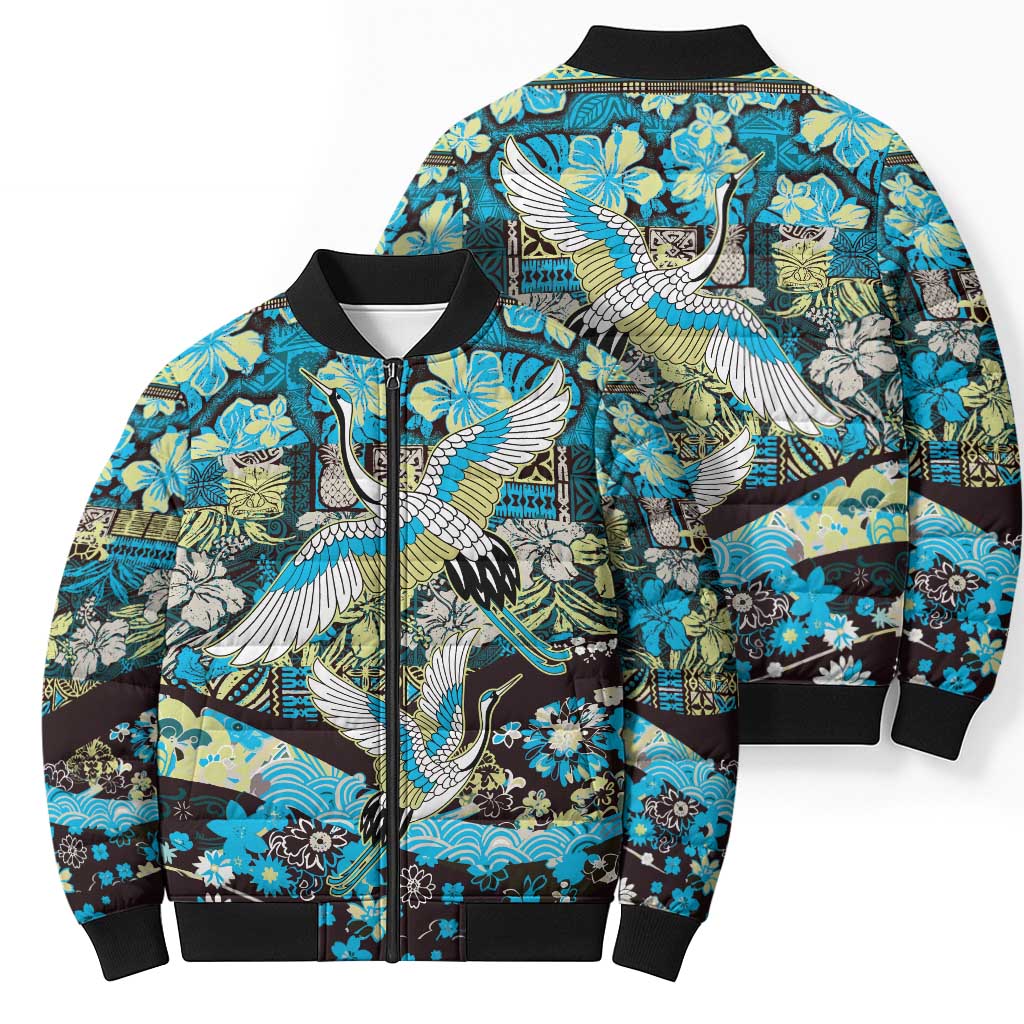 Japanese Hawaiian Crane Bomber Puffer Jacket Blue Tapa Patchwork Pattern LT9 - Polynesian Pride