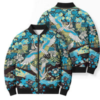 Japanese Hawaiian Crane Bomber Puffer Jacket Blue Tapa Patchwork Pattern LT9 - Polynesian Pride