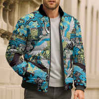 Japanese Hawaiian Crane Bomber Puffer Jacket Blue Tapa Patchwork Pattern LT9 - Polynesian Pride