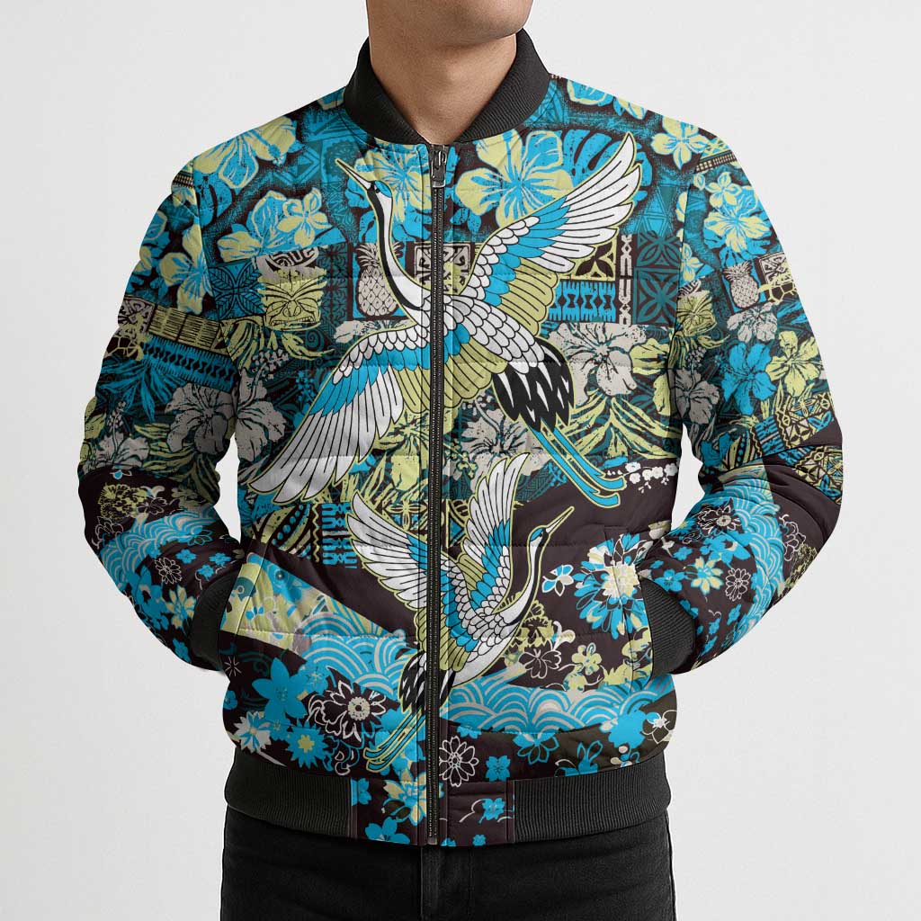 Japanese Hawaiian Crane Bomber Puffer Jacket Blue Tapa Patchwork Pattern LT9 - Polynesian Pride