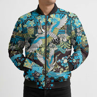Japanese Hawaiian Crane Bomber Puffer Jacket Blue Tapa Patchwork Pattern LT9 - Polynesian Pride
