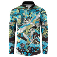 Japanese Hawaiian Crane Button Sweatshirt Blue Tapa Patchwork Pattern LT9 Blue - Polynesian Pride