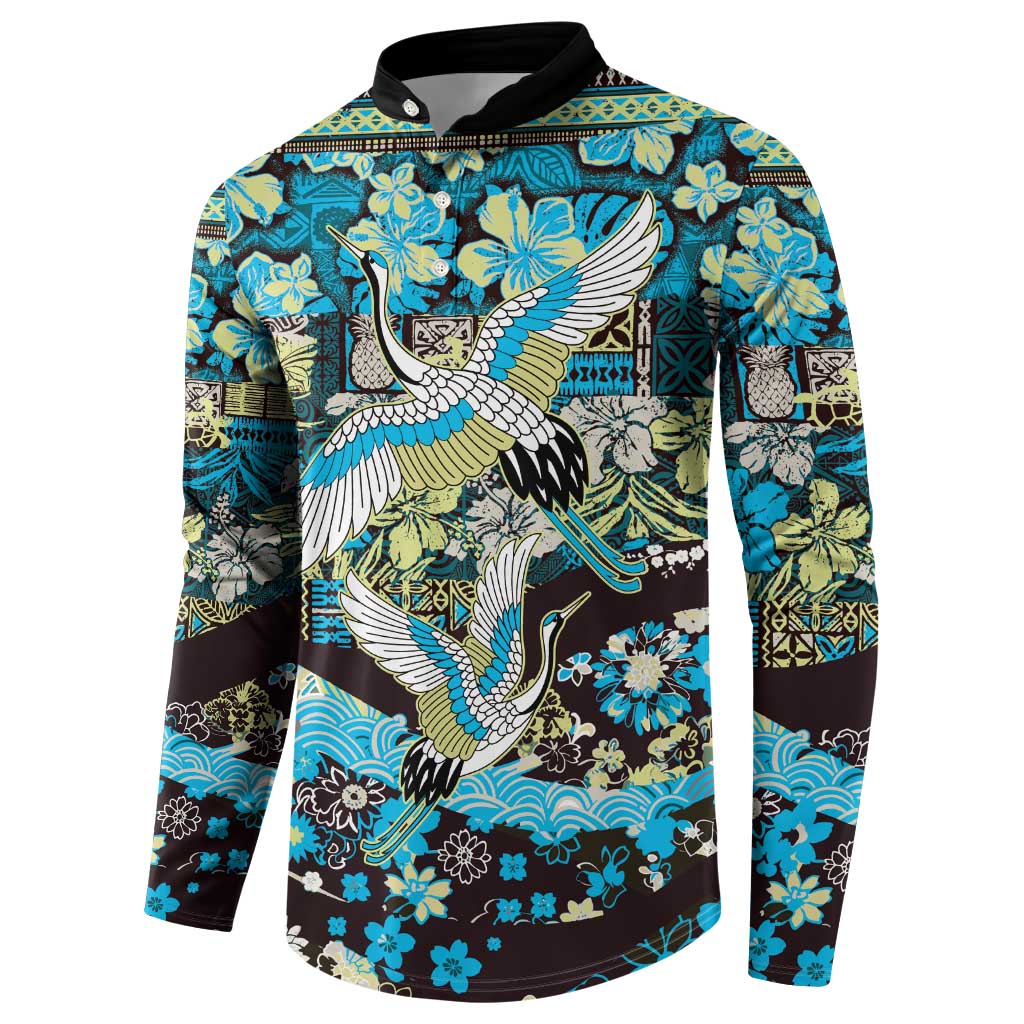 Japanese Hawaiian Crane Button Sweatshirt Blue Tapa Patchwork Pattern LT9 - Polynesian Pride