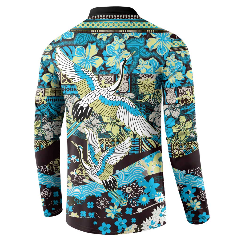 Japanese Hawaiian Crane Button Sweatshirt Blue Tapa Patchwork Pattern LT9 - Polynesian Pride