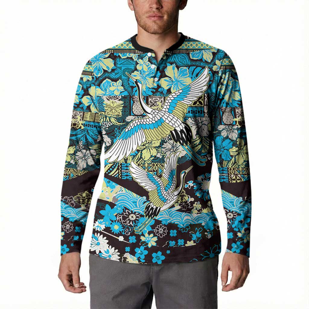 Japanese Hawaiian Crane Button Sweatshirt Blue Tapa Patchwork Pattern LT9 - Polynesian Pride