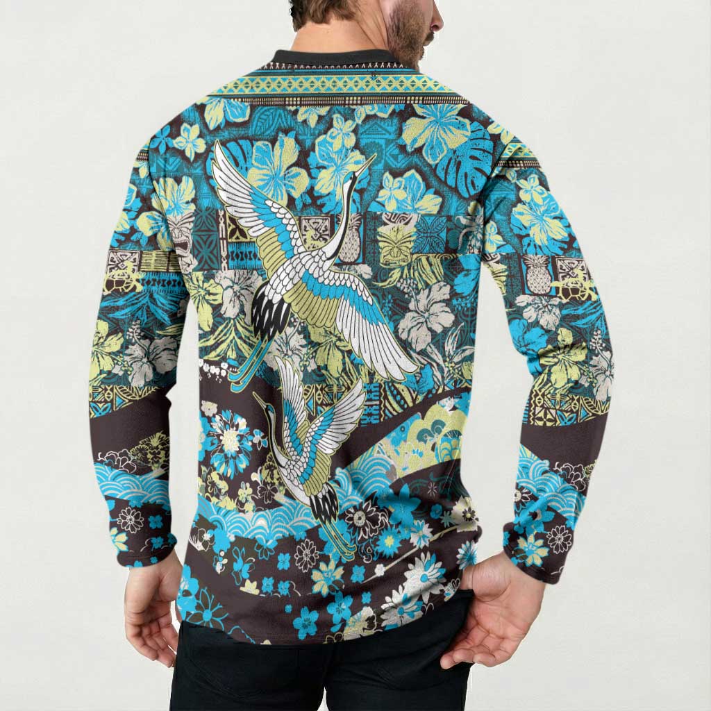 Japanese Hawaiian Crane Button Sweatshirt Blue Tapa Patchwork Pattern LT9 - Polynesian Pride