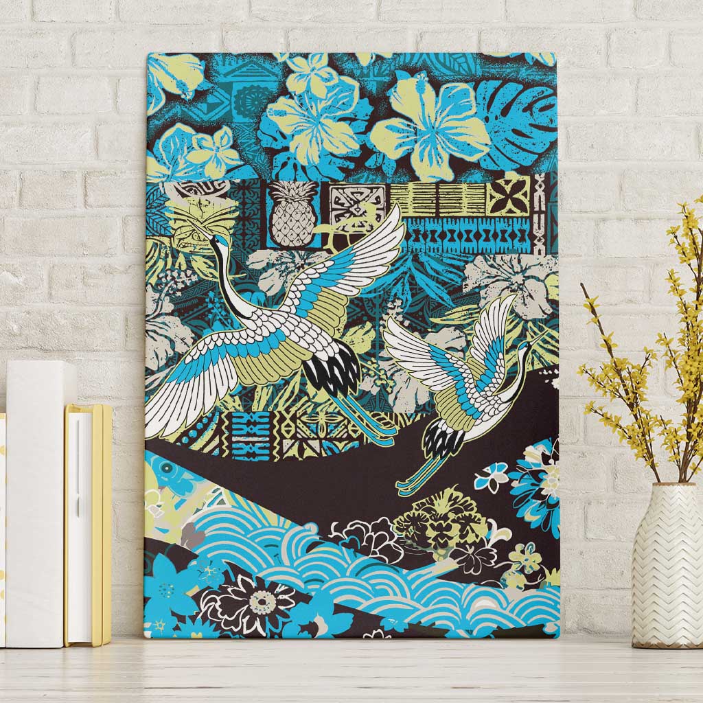 Japanese Hawaiian Crane Canvas Wall Art Blue Tapa Patchwork Pattern LT9 Without Frame Blue - Polynesian Pride