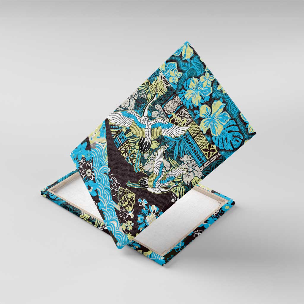 Japanese Hawaiian Crane Canvas Wall Art Blue Tapa Patchwork Pattern